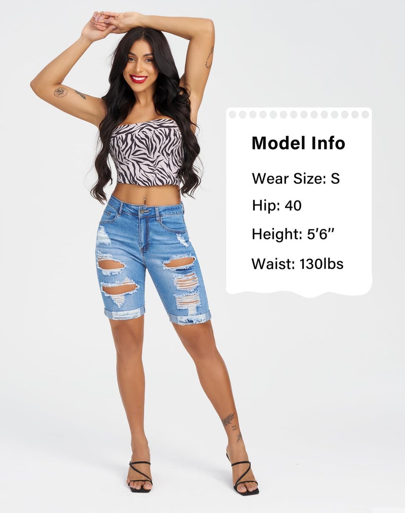 roswear Women's Ripped Denim Mid Rise Stretchy Bermuda Shorts Jeans Light Blue Large - Image 2
